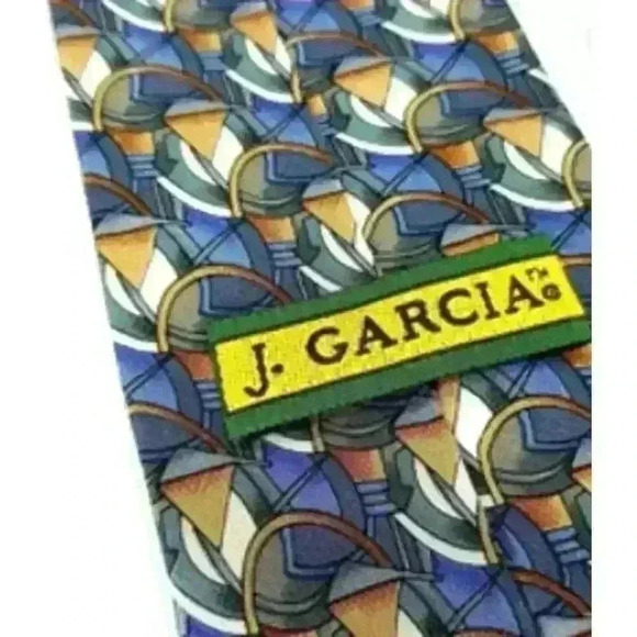 Vintage Jerry Garcia Luxury Blue Gray Orange Geometric Printed Silk Tie - Picture 4 of 6